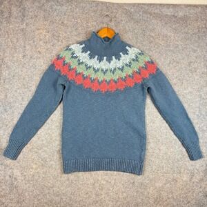 LL Bean Nordic Fair Isle Roll Mock Neck Sweater Womens Small Tall Blue Cotton